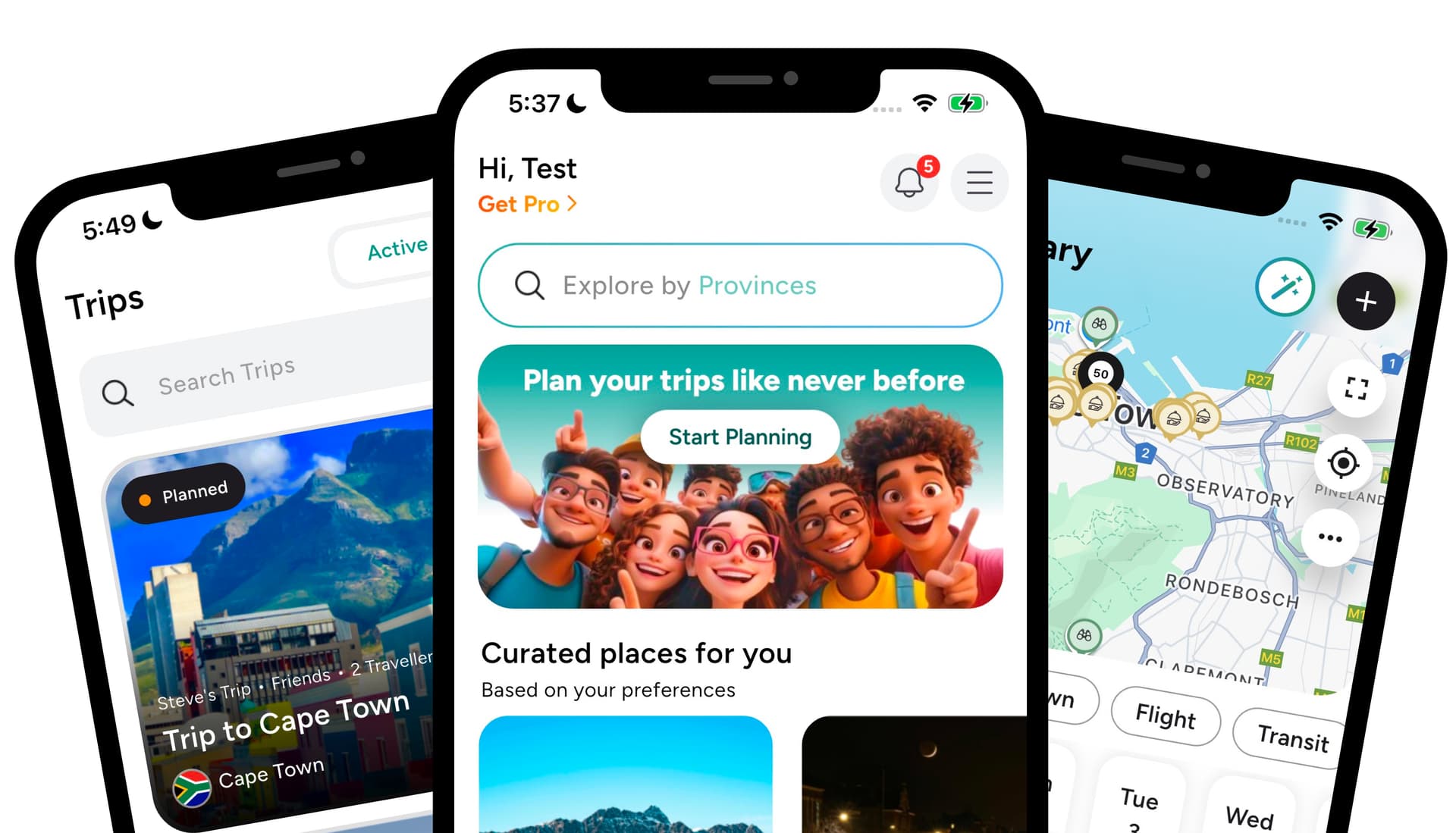 Travafa app screens: a shared trip, curated places, and an itinerary map