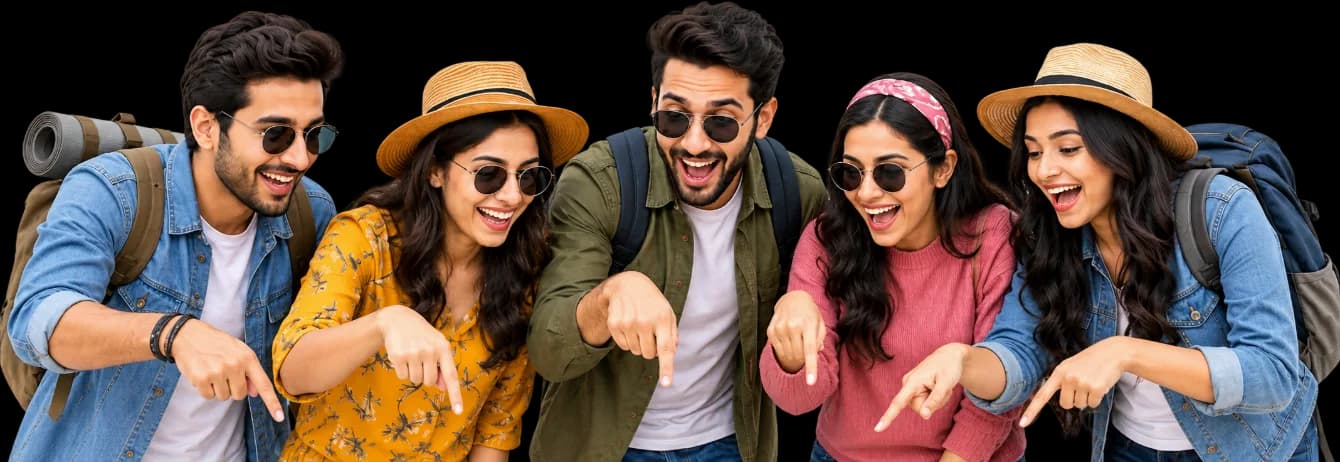 Five travellers pointing down at the product options